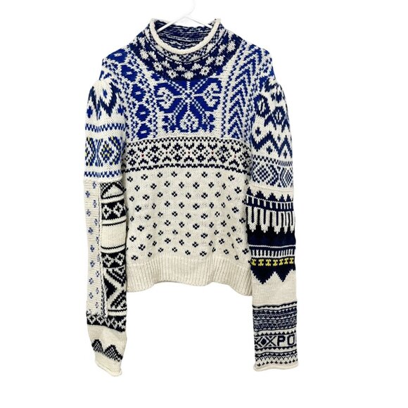 Polo Ralph Lauren Women's Rolled Turtleneck Jumper White Blue Fair Isle Size XL - Picture 1 of 9